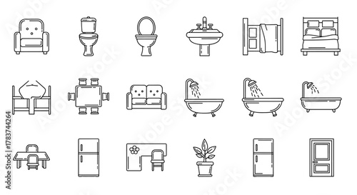 A comprehensive collection of line art icons representing various household furniture and fixtures, including chairs, toilets, sinks, beds, tables, sofas, bathtubs, refrigerators, and doors, perfect