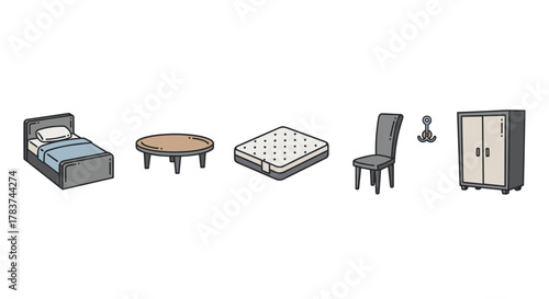 Vector cartoon illustration of a furniture icon set including a bed, oval table, mattress, coat hook, and wardrobe, perfect for design projects like cards, posts, apps, and websites, offering a clean