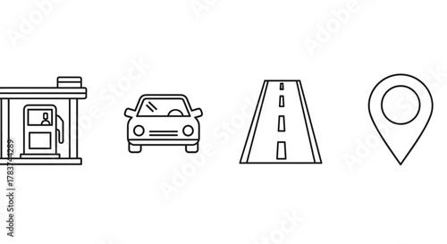 Collection of four simple, linear outline icons representing essential travel and transportation elements: a gas station with a pump, a front view of a car, a road with lane markings, and a map pin
