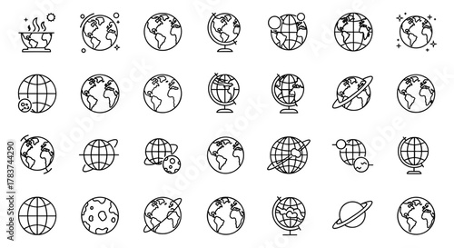 Globe and Planet Line Icon Collection: A comprehensive set of outline signs for graphic and web design, apps, adverts, and various cards, featuring vector cartoon illustrations of Earth, celestial