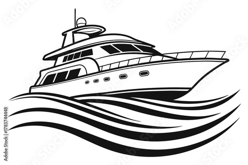 Luxury Yacht Sailing Through Stylized Waves in Black and White boat ship