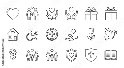 Set of outline icons representing love, friendship, care, and charity, including a heart, couple, hands holding heart, gift boxes, house, disabled person, medical cross, tulip, dove, family, shield