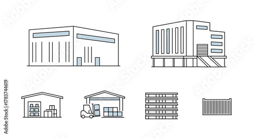 Collection of line-style icons representing warehouse buildings and industrial facilities, featuring a large warehouse with loading dock, a modern industrial building, a smaller storage unit with