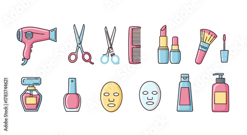 Collection of flat design beauty and cosmetic icons, including a hairdryer, scissors, comb, lipsticks, makeup brush, nail polish, perfume bottle, face masks, lotion, and soap dispenser, presented as