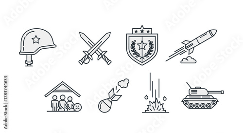 Collection of line-style vector icons representing war and military conflict, including a helmet, crossed swords, a shield emblem, a missile, refugees seeking shelter, a bomb, an explosion, and a