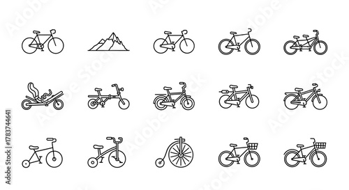 Collection of diverse bicycle icons isolated on a clean white background, featuring modern and editable designs. This simple vector illustration set includes various types of bicycles, from road