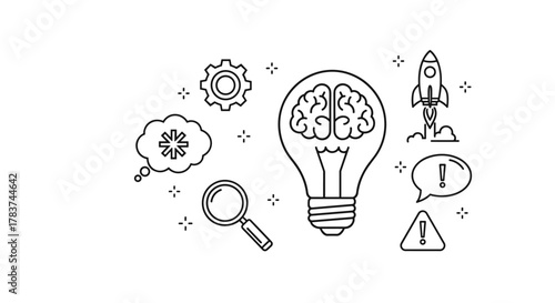 Conceptual outline vector illustration of a lightbulb containing a brain, symbolizing creativity and innovation, surrounded by icons representing ideas, search, gears, warnings, and a rocket launch