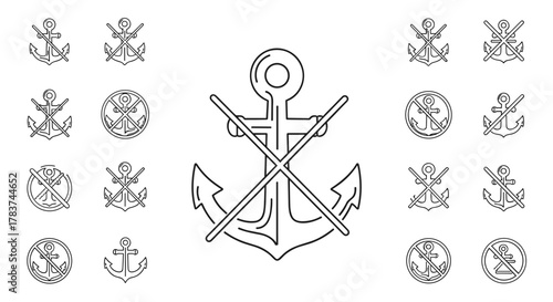 Set of simple line art vector illustrations of anchors, some with a prohibition sign, symbolizing no anchoring or restricted areas, presented on a clean white background, ideal for maritime or
