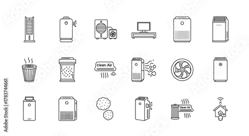 Collection of air purifier icons in a clean, modern line art style, showcasing various designs and functions for air purification technology, presented on a white background for versatile use in