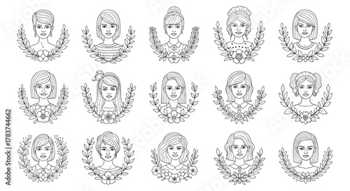 Vector cartoon illustration of a set of diverse woman portraits in line art style, each framed by a delicate floral and leaf wreath, presented on a clean white background, symbolizing beauty