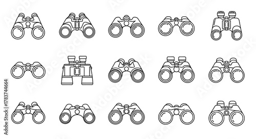 Modern outline style binocular icons set for design, cards, apps, social networks, vector cartoon illustration with a white background, ordered set, try to find something new and interesting
