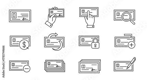 Collection of 12 stylized line art icons representing various banking and financial transactions involving checks, presented on a clean white background for versatile use in business and finance