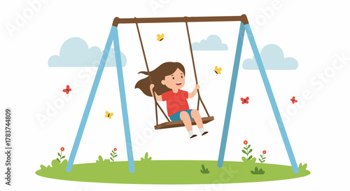 Happy young girl swinging on a playground swing set surrounded by butterflies and nature in a flat cartoon vector illustration.