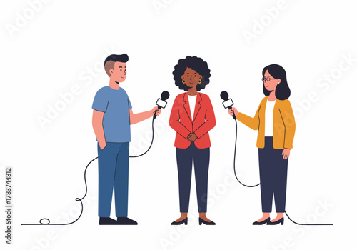 Media interview illustration depicting two journalists holding microphones and questioning a confident woman.