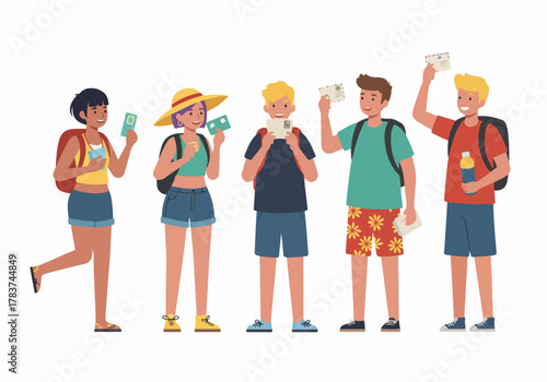 Happy diverse young tourist group ready for summer travel adventure, holding passports, postcards, and cameras against a white background.