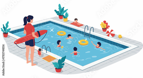 Professional female lifeguard overseeing children playing in the swimming pool, emphasizing water safety and summer fun.