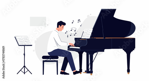 Male Musician Playing Grand Piano with Sheet Music, Creating Classical Music Melody, Flat Vector Illustration