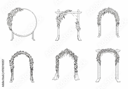 Line art illustration set of six floral wedding arches, including round, rectangular, and rustic arbor designs for ceremony decoration.