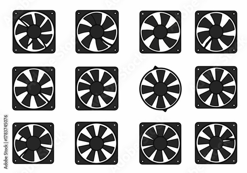 Set of black computer cooling fans vector icons illustrating different electronic device ventilation systems and PC case components isolated on white.
