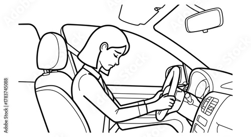 Sad woman driving in incorrect posture, side view of automobile driver in wrong position on car seat, bad pose for spine, flat isolated illustration, concept of discomfort and poor driving habits