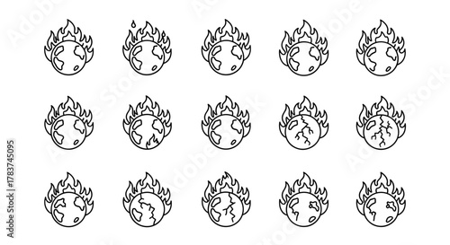 Set of 15 outline icons depicting the planet Earth engulfed in flames, symbolizing global warming, climate change, and environmental crisis. These versatile vector illustrations feature cracked earth