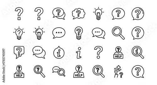 A comprehensive collection of outline question mark icons, lightbulbs, speech bubbles, magnifying glasses, and information symbols, presented on a clean white background, perfect for graphic and web