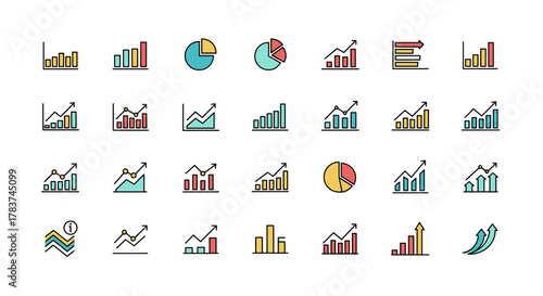 Vivid collection of progress bar, growth, and diagram line icons, featuring editable strokes, perfect for infographics, articles, books, flyers, and banners, presented as vector cartoon illustrations