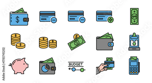 Modern flat icon set representing financial concepts, including wallets, credit cards with plus and minus symbols, stacks of coins, banknotes, a piggy bank, a budget chart, a hand holding a credit