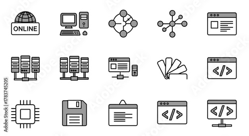 A comprehensive set of vector icons representing internet and computer technology, including symbols for online status, computer hardware, network connections, website design, server infrastructure