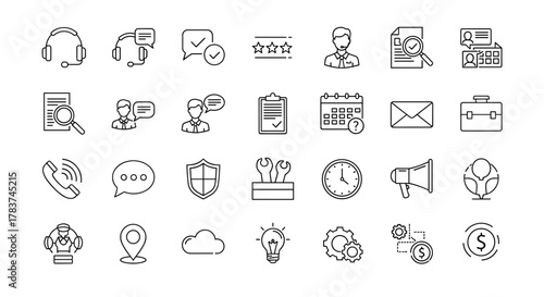 Customer Service and Support Outline Icons: A Thin Line Icon Set featuring Online Help, Helpdesk, Quick Response, Feedback, Headsets, Chat Bubbles, Calendars, Tools, and more, representing business