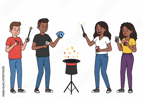 Diverse young adults engaging in card tricks and magic performance, featuring wands, a top hat, and contrasting outcomes.