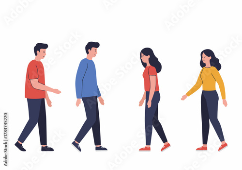 Flat vector illustration of diverse young people walking or passing each other, symbolizing movement, community, and daily routine.