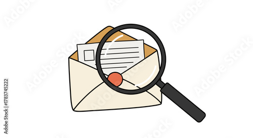 Open envelope with a letter inside, viewed through a magnifying glass, symbolizing search, investigation, or close examination of correspondence. This minimalist line icon vector graphic features a