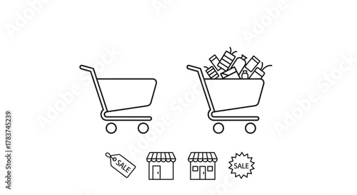 Set of shopping cart icons, representing an empty cart and a full cart with products, alongside shop symbols and sale tags. This clean, line-art vector illustration is perfect for e-commerce, retail
