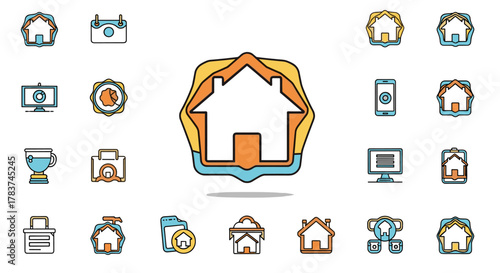 Vivid and modern house logo design with negative space, presented in a cartoon illustration style with a clean white background, featuring an ordered set of line icons for a cohesive visual theme