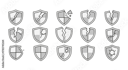 Collection of broken shield line icons, representing security breaches, damage, and vulnerability. Includes various cracked, shattered, and damaged shield symbols for graphic design, web, apps, and