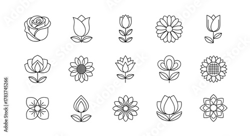 A collection of fifteen minimalist line art flower icons, featuring a variety of blooms like roses, tulips, sunflowers, and daisies, all presented on a clean white background, perfect for graphic