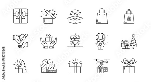 Collection of line art icons representing gifts and presents, suitable for web, books, cards, and apps. Includes gift boxes, shopping bags, gift tags, Christmas tree, hot air balloon with gift, and