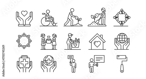 A collection of clean, modern line icons representing volunteering and community support, including hands holding a heart, a person in a wheelchair, planting, a group in a circle, people sharing, a
