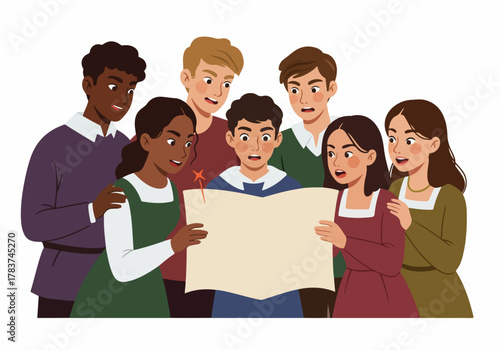 Diverse young people gathered together, excitedly reading a mysterious map or document and making a surprising discovery.