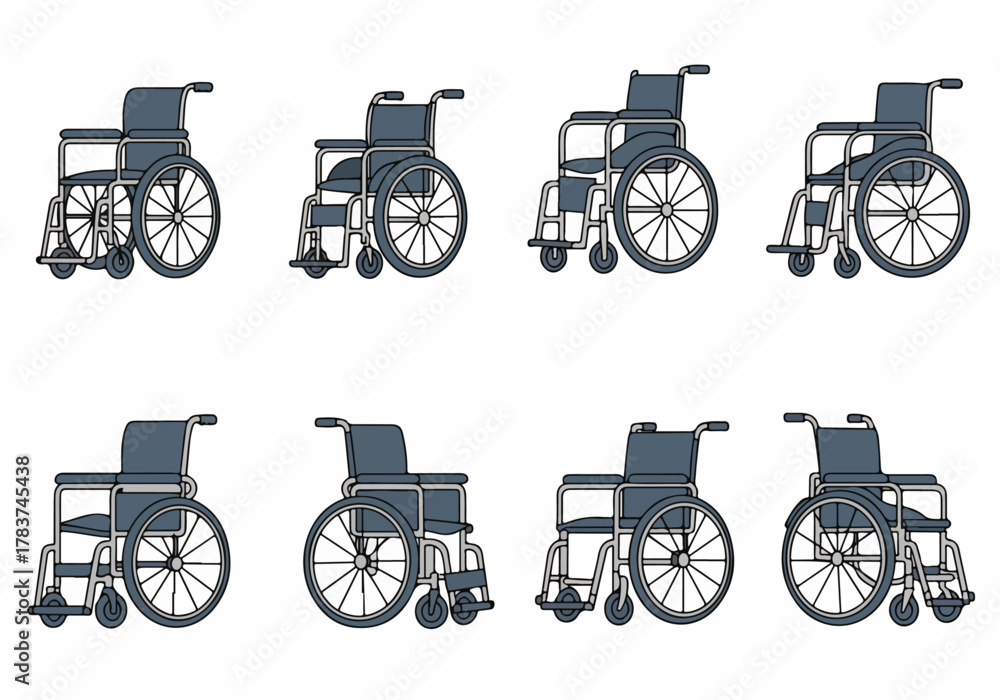 Obraz premium Collection of eight different stylized illustrations of standard manual wheelchairs, depicting medical mobility aids for disabled or injured people on a white background.