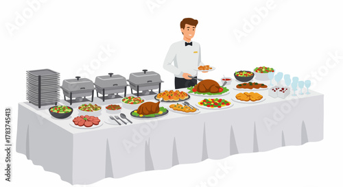 Professional catering staff at a large buffet table loaded with food, including turkey, salads, and chafing dishes, vector illustration.