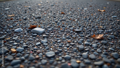 Closeup of Colorful Pebbles and Autumn Leaves on a Wet Road Surface After Rainfall
