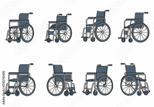 Collection of eight different stylized illustrations of standard manual wheelchairs, depicting medical mobility aids for disabled or injured people on a white background.