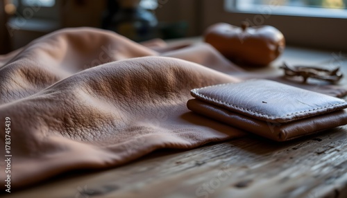 Soft Brown Leather Textured Fabric Draped Over a Wooden Surface in a Cozy Interior Environment