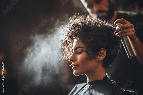 Hairdresser spraying hair styling product on woman