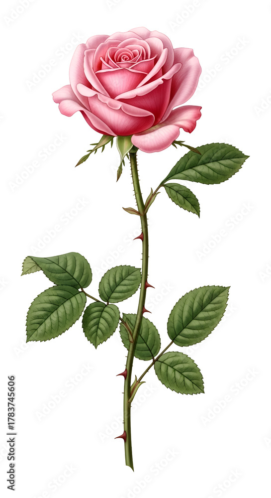 Obraz premium Pink rose with green leaves and red thorns on black background flower floral