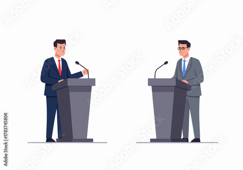 Two Male Candidates or Businessmen Engaged in a Political Debate or Public Speaking Event, Standing at Separate Lecterns with Microphones.