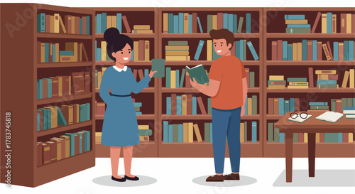 Happy Students Discussing Books in a Library or Bookstore, Surrounded by Full Wooden Bookcases.