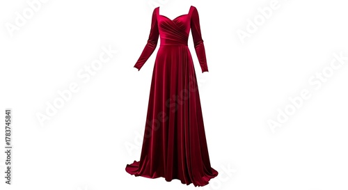A full view of a long sleeved red velvet dress with a sweetheart neckline on a white background